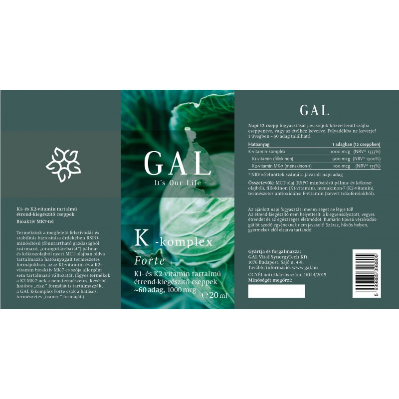 GAL K-komplex (MK7) Forte vitamín, 1000 mcg, 20ml (60 dávok)
